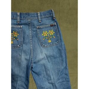 Vintage 70s Cheap Jeans Womens Flare High Waist Embroidered Flower Denim Blue